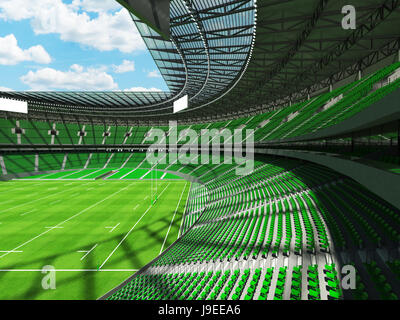 3D render of a round rugby stadium with  green seats and VIP boxes for hundred thousand people Stock Photo