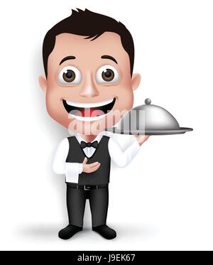 Young Friendly Professional Waiter in Formal Attire Happy Serving Food in Restaurant Isolated in White Background. Vector Illustration Stock Vector