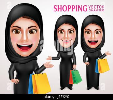 Beautiful Muslim woman vector character set holding colorful shopping bags enjoy shopping wearing abaca or black dress in white background. Stock Vector