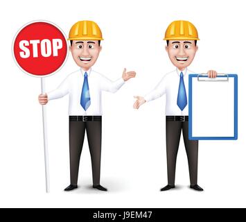 Vector Set of Engineers or Workers Characters With Yellow Safety Helmet Holding Empty White Board and Stop Sign in Long Sleeve and Necktie. Stock Vector