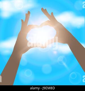 Hands in the form of heart on the background of blue sunny sky. Love concept vector illustration Stock Vector