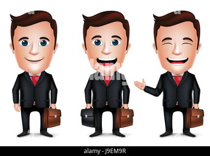 Vector Businessman Cartoon Character with Different Pose Holding Briefcase for Traveling Isolated in White Background. Set of Vector Illustration Stock Vector