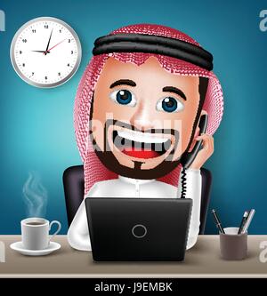 Vector Saudi Arab Man Character Working on Office Desk Table with Laptop Talking on Telephone for Business. Vector Illustration Stock Vector