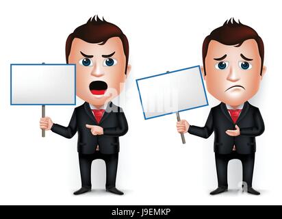 Vector Businessman Cartoon Character Holding Placard Angry and Sad Isolated in White Background. Vector Illustration. Stock Vector