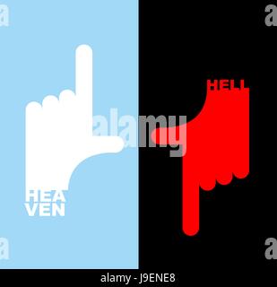 Hell and heavene. Direction signs.  Gesture hands up finger, thumb down. Vector illustration Stock Vector