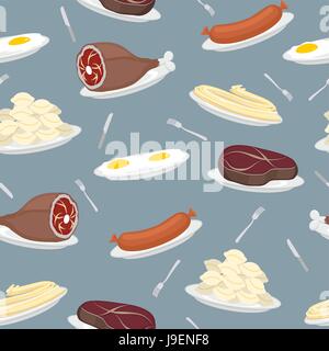 Food seamless pattern. Sausage and dumplings. Ham and steak. Scrambled eggs and pasta. Food on plate. Cutlery: knife and fork. Background for restaura Stock Vector