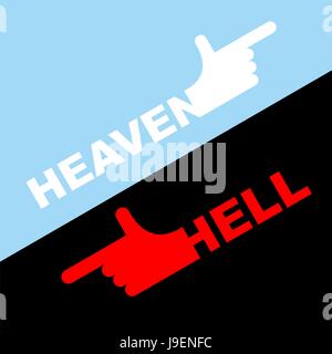 Direction of hell and heaven. Vector illustration. White hand indicates direction of heaven. Red indicates in hell. Stock Vector