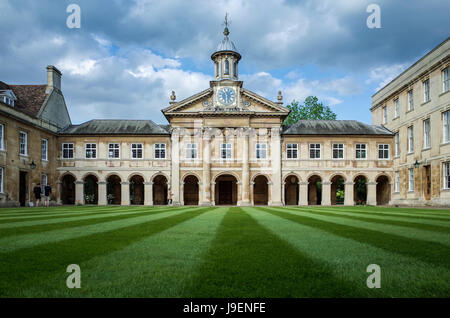 The Clocktower and Front Court at Emmanuel College, part of the University of Cambridge, UK. The college was founded in 1584.    Architect: Wren. Stock Photo