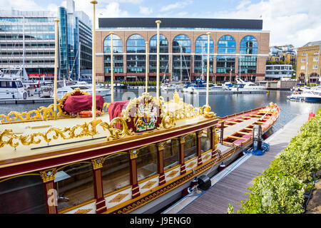 Gloriana Barge in St Katharine's Docks - royal barge commissioned as tribute to Queen Elizabeth II for her Diamond Jubilee