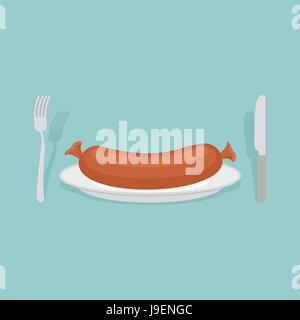 Sausage on a plate. Cutlery: knife and fork. Meat delicacy. Vector illustration food. Stock Vector