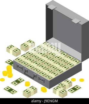 Suitcase full of money. Stacks of dollars. isometric style Stock Vector