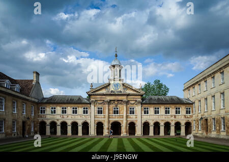 The Clocktower and Front Court at Emmanuel College, part of the University of Cambridge, UK. The college was founded in 1584. Architect: Wren. Stock Photo