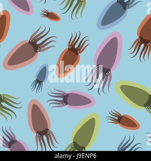 Multicoloured Marine molluscs seamless pattern on a blue background. Vector background of cuttlefish with tentacles. Stock Vector