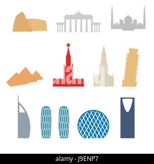 Set of flat buildings icons countries. Attraction of Dubai, Rome. Russia and Germany. Architecture attraction of different countries and States. Vecto Stock Vector