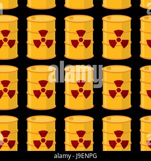 Yellow barrels of radioactive substance seamless pattern. Vector background of toxic waste. Stock Vector