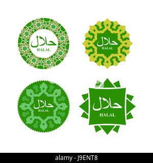 Logo of Halal products. Text of in Arabic "Halal". Vector illustration. Set icons. Stock Vector