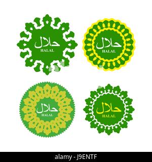 Halal logo or seal for products. National Islamic Arabic element. Vector illustration. Text in Arabic "Halal" Stock Vector