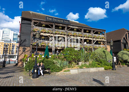 Old 18th century warehouse, now The Dickens Inn pub and restaurant in St Katharine's Docks, London, UK Stock Photo