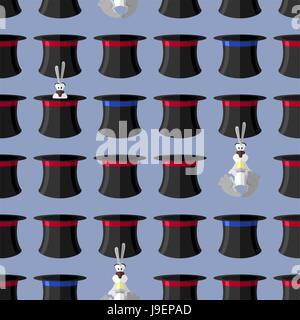Rabbit in hat seamless pattern. Vector background for magical presentation. magician attributes: rabbit and hat Stock Vector