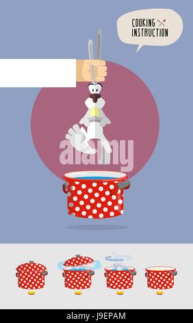 How to cook soup from rabbit fur. Cook's hand holding a rabbit over a saucepan. Vector illustration Stock Vector