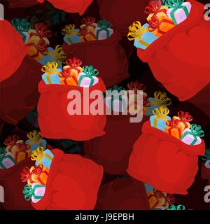Santa bag of gifts seamless pattern. Festive red bag of volumetric background. Christmas ornament. Texture of gifts for Christmas and new year. Stock Vector