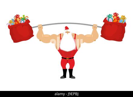 Strong Santa Claus holding barbell and gift bag. Sports for Christmas Santa with beard. Red bag with gifts for aggravation of  rod. Powerful Santa in  Stock Vector