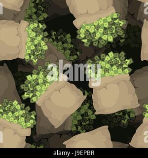 Sack money seamless pattern. Bag full of dollars surround background. Ornament wealth and prosperity. Many of Cash in sacks. Stock Vector