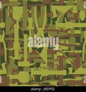 Army pattern tool. Military camouflage texture Vector of hammer, Paintbrush and screwdriver. Hunter, soldiers protective seamless pattern of military  Stock Vector