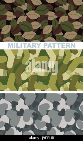Set of military camouflage texture. Army pattern of dumplings. Military Vector texture of socks. Hunter, soldiers protective seamless pattern love hea Stock Vector