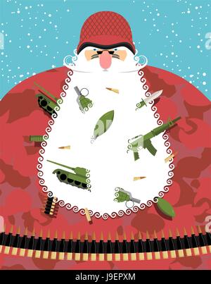 Santa Claus military. Santa in camouflage uniforms and soldier helmet. Grandfather Defender with arms and ammunition in beard. Tank and machine gun, h Stock Vector