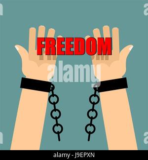 Freedom. Hands in shackles. Broken chain. Broken handcuffs. Palm keep text. Stock Vector