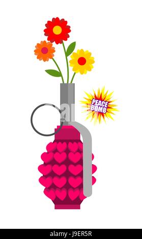 Hand grenade with hearts. Army equipment. Pink military ordnance. Army missile for love. World love bomb inside. Weapons Of  Hippies. Flowers in milit Stock Vector