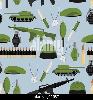 Army seamless pattern. Arms background. Tanks and hand grenade. Automatic and green beret. Soldiers texture. Ornament of military: soldiers helmet and Stock Vector