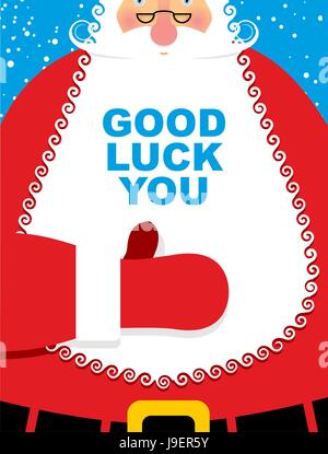 Santa Claus good luck. Bearded Christmas character showing thumbs up. Everything is good. New years grandfather in crane jacket. Good Jolly old man. Stock Vector