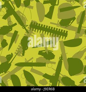 Military texture. Silhouettes of arms and equipment for war. Grenade and knife. Tank and rifle. Soldier protective texture. Stock Vector