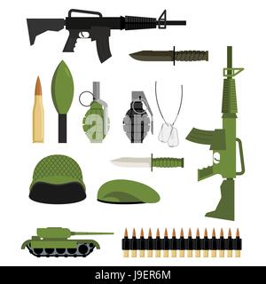 Set of icons for weapons of war. Military units: tank and grenade. Soldiers helmet and green beret. Automatic and warhead. Military collection of weap Stock Vector