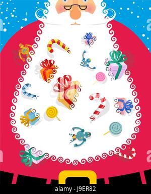 Santa Claus with big white beard. Gifts and toys for kids poking out of beard. Gift box and toy robot. Sweets and candy. Christmas character in glasse Stock Vector