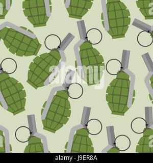 Green grenade seamless pattern. Background military projectile. Texture of an Army ammunition. Manually grant the soldiers equipment. Ornament of bomb Stock Vector