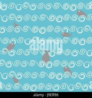 Fish waves seamless pattern. Sea dwellers dive in sea. Ocean with fish. Storm at sea. Grey fish and blue water. Texture for baby tissue. Stock Vector