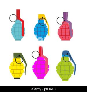 Set colored hand grenades. Fun colorful military ammunition. Army shells. Stock Vector