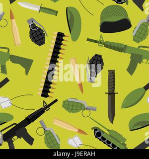 Military seamless pattern. Army background objects. Weapons and ammunition texture. Tank and automatic. Hand grenade and soldiers badge. Military prot Stock Vector