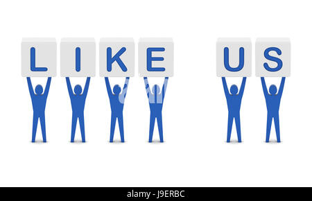 Men holding the words like us. Concept 3D illustration. Stock Photo