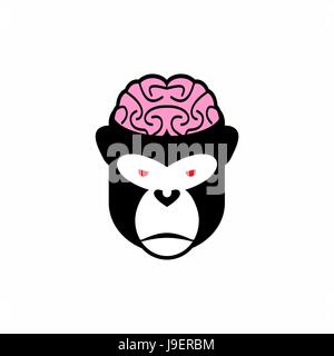 Monkey brains. Vector illustration logo head animal. Pink brain and black monkey. Open cranial box. Stock Vector