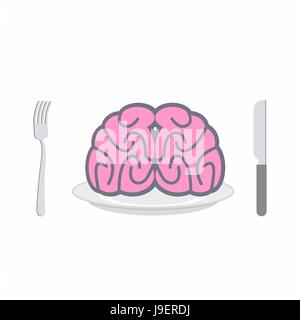 Brain on  plate. Cutlery: knife and fork. Allegory of Food vector illustration. Delicacy for zombies Stock Vector