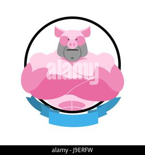 Angry pig Round emblem. Big boar bodybuilder. Vector logo farm animal. Stock Vector