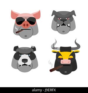 Set of angry animals. Head of a Pig and bull. Bad Bear and Bulldog. Vector illustration Stock Vector