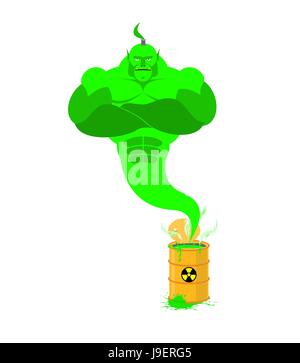 Acid Genie of barrels of toxic waste. Green Magic spirit. Vector illustration Stock Vector