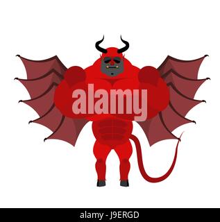 Strong Satan. Red demon with horns and wearing sunglasses. Big and strong Devil with wings. Scary bodybuilder. large muscles and tail. Fitness from he Stock Vector