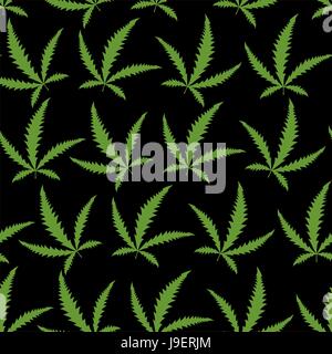 Green Cannabis leafs on a black background seamless pattern. Stock Vector
