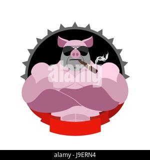 Strong pig in glasses and with a cigar. Logo for Sports Club. Farm animal with big muscles. Wild boar logo Stock Vector